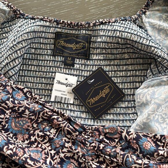 Threadgrit Ladies Gretchen Smocked Back Blue Multi Floral Maxi Dress Size M NWT - Picture 8 of 15